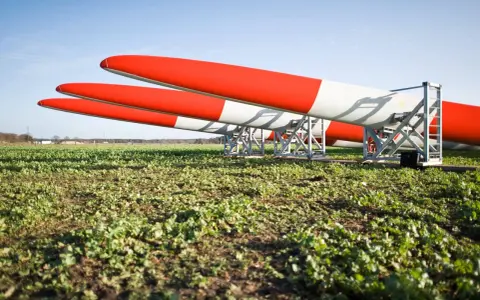 Drei Rotorblätter für Windkraftanlagen liegen auf einem Feld. Sie sind rot-weiß gestreift und warten auf ihren Einsatz nach dem EEG.