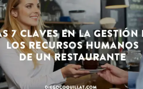 Una empleada de restaurante sonriente entrega una taza de café. El texto superpuesto habla sobre la gestión de recursos humanos en un restaurante.