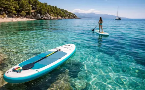 Sup chorwacja! Dwie deski SUP unoszą się na krystalicznie czystej wodzie. Jedna z nich, bliżej, ma wiosło. Na drugiej, dalej, stoi kobieta. W tle widać plażę i góry.