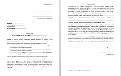 Odwołanie od decyzji ZUS. Dokument zawiera uzasadnienie roszczenia o wypłatę odszkodowania i zadośćuczynienia.