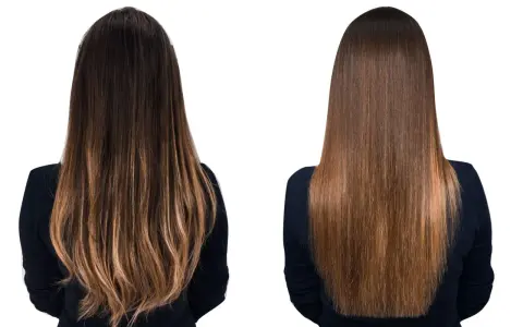 Antes y después de la taninoplastia: cabello rizado y opaco transformado en liso y brillante.