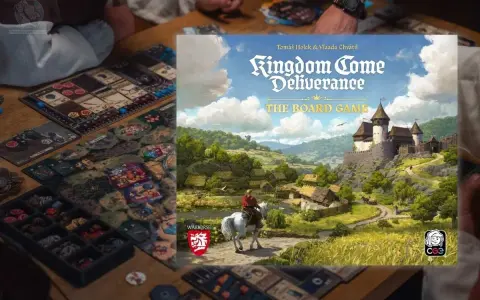 Rebel zapowiedzi: plansza do gry Kingdom Come: Deliverance, zamek na wzgórzu, wioska i rycerz na koniu.