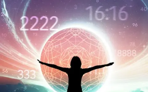 Sylwetka osoby z rozłożonymi rękami na tle kosmicznym z liczbami. 888 znaczenie w miłości symbolizuje nieskończoność i harmonię.