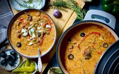 Zwei Töpfe mit cremiger Gyrossuppe, garniert mit Feta, Oliven und Paprika. Ein köstliches Gyrossuppe Rezept für kalte Tage.