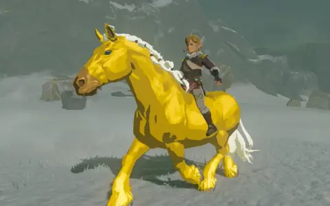 Link cabalga sobre el fiel caballo dorado de Zelda en un paisaje nevado.