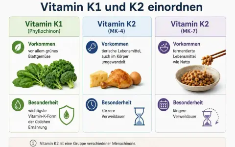 Vergleich von Vitamin K1 in grünem Gemüse und Vitamin K2 in tierischen Produkten und Natto. K1 ist die Hauptform in der Ernährung.
