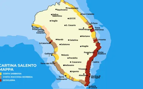Mappa del Salento, una terra puglia da scoprire, con coste sabbiose, rocciose e scogliere. Indica città come Lecce, Otranto e Gallipoli.