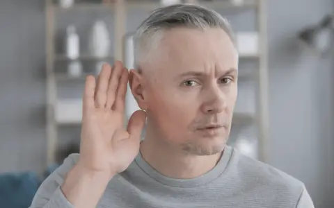 Mężczyzna z siwymi włosami przykłada dłoń do ucha, próbując usłyszeć. Czy to początek zawalu ucha?