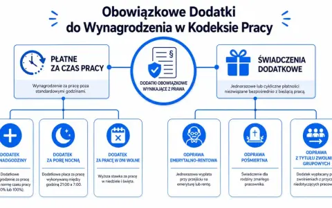 Schemat obowiązkowych dodatków do wynagrodzenia w Kodeksie Pracy: dodatki za nadgodziny, porę nocną, dni wolne, a także świadczenia jak odprawy.
