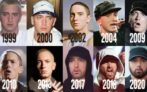 Eminem na przestrzeni lat: od młodego rapera w 1999 do dojrzałego artysty w 2020. Zmieniał fryzury i styl, ale zawsze rozpoznawalny.