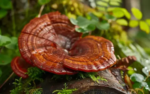 Lśniące grzyby reishi na pniu, otoczone mchem i zielenią. Reishi na co? Na zdrowie i odporność, symbol długowieczności.
