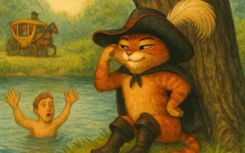 El Gato con Botas, protagonista de un cuento divertido para niños, observa a un niño en apuros en el río, mientras un carruaje avanza al fondo.