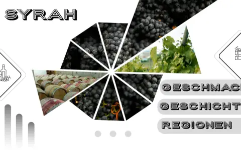 Syrah Traube: Dunkle Beeren, Weinreben, Fässer und die Worte "Geschmack", "Geschichte", "Regionen" erzählen von der Vielfalt dieser Rebsorte.