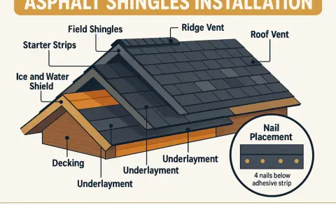 Diagram showing how to shingle a roof with labels for starter strips, field shingles, underlayment, and nail placement.