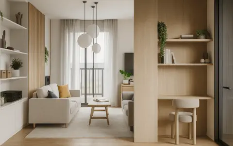 Soggiorno accogliente con divani chiari, tavolino in legno e mensole a vista. Un ambiente in stile minimal, con un tocco di calore dato dal legno.