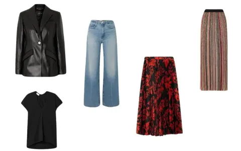 Outfit giacca di pelle donna con jeans a zampa, t-shirt nera, gonna a fantasia rossa e nera, e gonna a righe colorate.