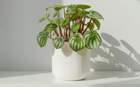 Peperomia sandía en maceta blanca. Sus cuidados son sencillos para tenerla radiante.