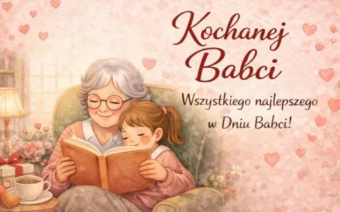 Wzruszające życzenia dla babci: uśmiechnięta babcia i wnuczka czytają książkę, otoczone serduszkami.