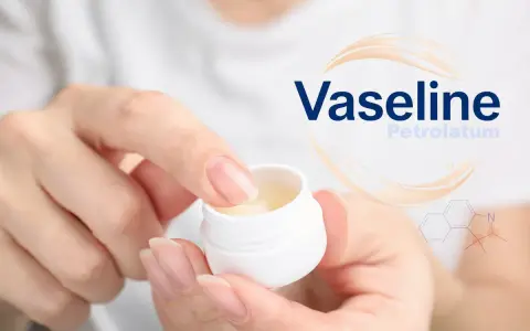 Eine Hand entnimmt Vaseline aus einem Tiegel. Das Produkt besteht aus Petrolatum, einem Gemisch aus Kohlenwasserstoffen.