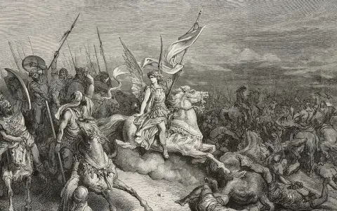 A winged figure on horseback, possibly representing the angel of death in the Bible, leads a chaotic battle with fallen soldiers.