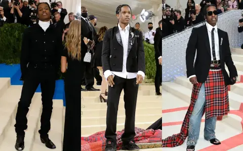 ASAP Rocky Met Gala looks showcase bold fashion choices, from all-black ensembles to a striking kilt over embellished jeans.