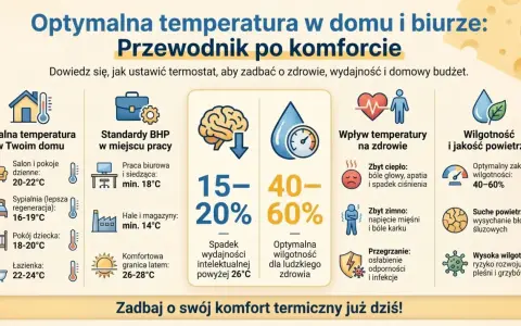 Optymalna temperatura w biurze BHP to klucz do zdrowia i wydajności. Infografika pokazuje idealne zakresy dla domu i pracy, wpływ temperatury na samopoczucie oraz wilgotność powietrza.