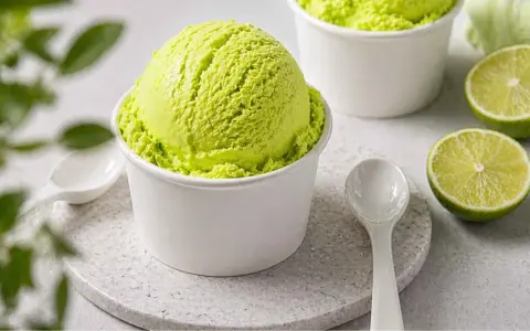 Erfrischendes Limetten-Eis in weißem Becher, dane zwei Limettenhälften. Der Brix Wert deutet auf Süße hin.