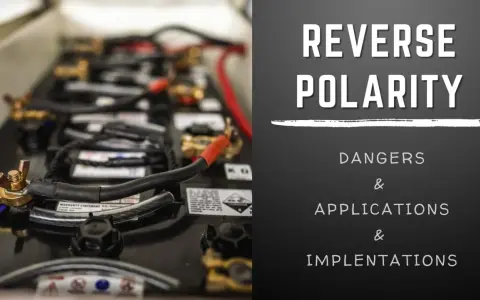 Close-up of battery terminals and cables, with text overlay warning about reverse polarity dangers.