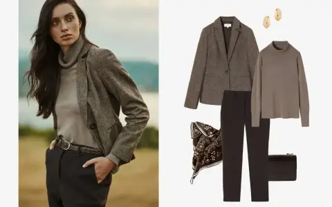Elegancka stylizacja: jak nosić golf damski pod tweedową marynarkę, z czarnymi spodniami i akcesoriami.