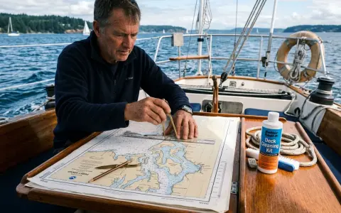 Un homme utilise un compas de marine pour lire une carte nautique sur un voilier.