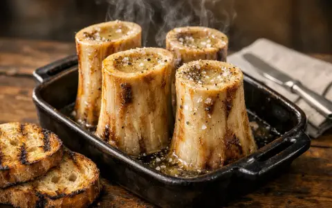 Os à moelle fumants dans un plat, accompagnés de toasts grillés. Un délice de restaurant.