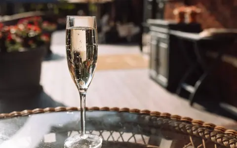 Ein Glas Sekt auf einem Tisch im Freien. Die Bläschen im Glas zeigen, dass der Sekt frisch ist und die Haltbarkeit noch gut ist.