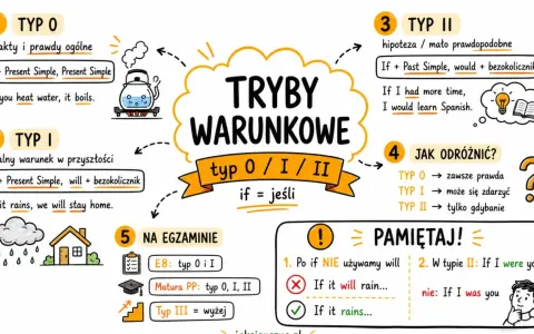 Mind map o trybach warunkowych: typ 0 (fakty), typ I (realny warunek), typ II (hipoteza). Podano przykłady zdań i zasady użycia.