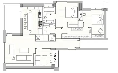 Progetto casa 120 mq un piano: pianta con soggiorno, cucina, sala da pranzo, due camere da letto, bagno e lavanderia.