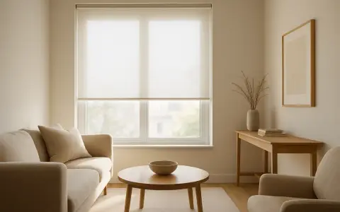 Salón acogedor con sofá beige, mesa de centro de madera y estor enrollable noche y día que filtra la luz.