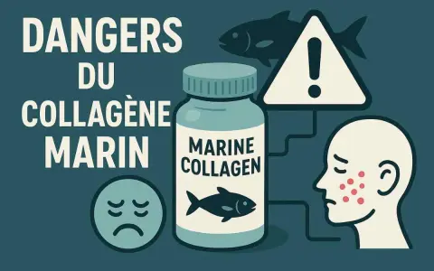 Illustration des dangers du collagène marin : une peau irritée, un visage triste et un avertissement.