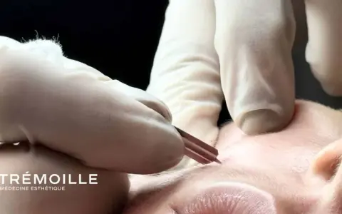 Gants blancs et outil fin pour l'extraction de gros points noirs sur le nez. Soin esthétique précis.