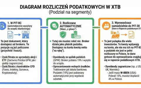 Diagram rozliczeń podatkowych w XTB: PIT-8C od brokera, rozliczenia automatyczne i samodzielne wprowadzanie danych do PIT-38. XTB podatki.