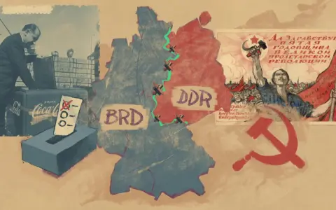 Die Teilung Deutschlands und Symbole des Kalten Krieges: BRD und DDR, sowjetische Propaganda und Coca-Cola-Lieferungen.
