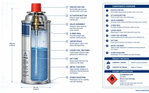 Diagrama de un cartucho de gas butano, mostrando sus componentes internos y externos. Explica los tipos de reguladores y su funcionamiento.