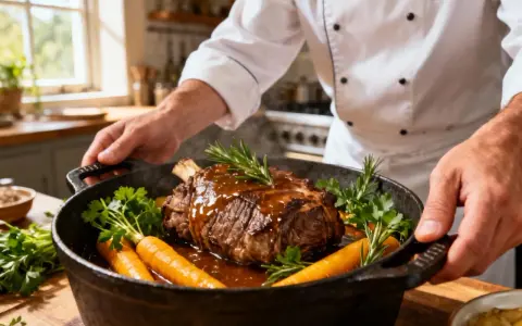 Un chef présente un rôti de veau en cocotte, savamment braisé avec des carottes et des herbes aromatiques.