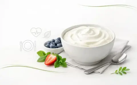 Czy skyr jest zdrowy? Kremowy jogurt, jagody, truskawka i mięta na białym tle. Obok ikony serca i talerza.