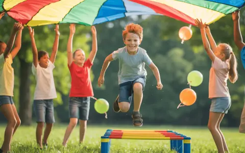 Radosne dzieci skaczą pod kolorowym spadochronem, bawiąc się wesoło. To wspaniałe zabawy z liną i balonami na trawie.