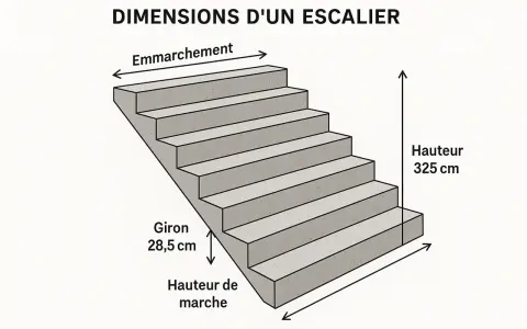 Schéma des dimensions d'un escalier extérieur. La profondeur de marche (giron) est de 28,5 cm. La hauteur totale est de 325 cm.