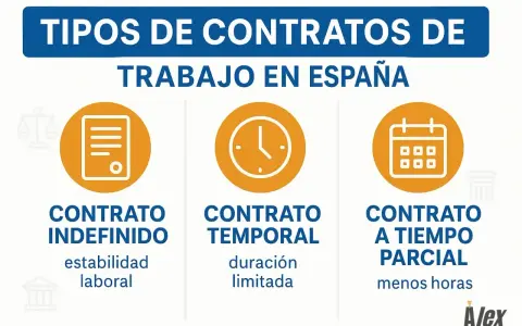 Ilustración de tipos de contratos laborales en España: contrato indefinido, temporal y a tiempo parcial. El contrato indefinido ofrece estabilidad laboral.