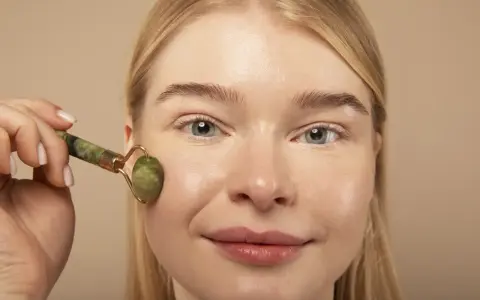 Kobieta z blond włosami używa jadeitowego masażera do twarzy, wspierając poprawę owalu twarzy domowymi sposobami.