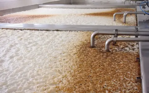 Piana i osad w kadziach fermentacyjnych, gdzie trwa warzenie piwa w domu. Metalowe rury doprowadzają składniki.