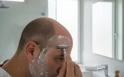 Mann rasiert sich die Glatze mit einem Rasierhobel und Rasierschaum im Badezimmer.