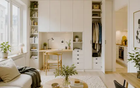 Ett hem med skandinavisk design. En soffa, ett runt soffbord och en inbyggd möbel med skrivbord, förvaring och garderob.