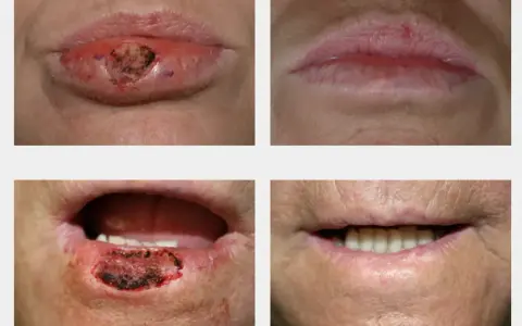 Prima e dopo il trattamento di una lesione labiale. Non si tratta di schiacciare punti neri sulle labbra, ma di una cura medica.